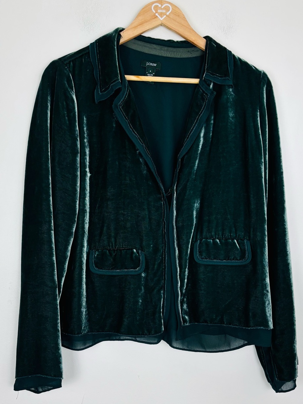 J. Crew silk blend velvet and chiffon dark green blazer. Size 8 - Picture 2 of 7